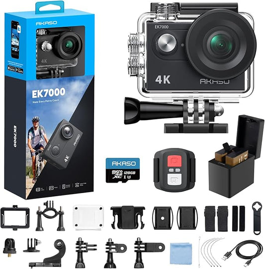 AKASO EK7000 4K30fps Action Camera with 128GB MicroSDXC U3 Memory Card Accessories Kit Bundle Ultra HD 131FT Waterproof Camera EIS WiFi Remote Control 4X Zoom Underwater Camera