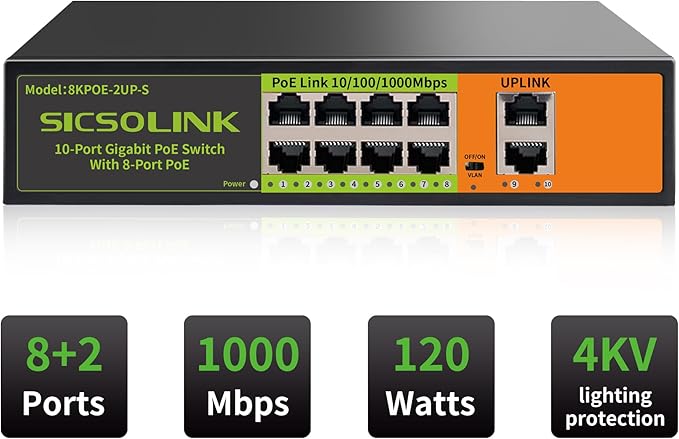 Gigabit Ethernet Network PoE Switch, 8 PoE Ports @120W with 2 Uplink, Support 802.3af/at, Unmanaged, VLAN, for Security Camera, AP