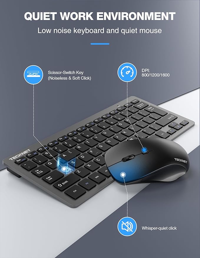 TECKNET Wireless Keyboard and Mouse Combo, Mini Cordless Computer Keyboard and Mouse Set 2.4GHz, Silent Adjustable 1600 DPI, Quiet Click, Lag-Free for Computer, Laptop, PC, Windows, Mac, Chrome OS(GS)