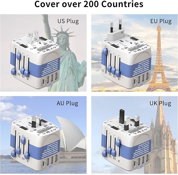 Universal Travel Adapter,International Plug Adapter,WAUDM All in One Universal USB Travel Power Adapter with 3 USB Port and Type-C for Multi-Nation Travel US EU UK Australia