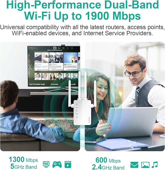 2025 WiFi Extender Signal Booster - AC1900Mbps 10X Faster WiFi 6 Dual-Band Booster, Covers 15,000 Sq.Ft Long Range, Supports 80+ Devices, Ethernet Port & EasyMesh, 1-Tap Setup, Works with All