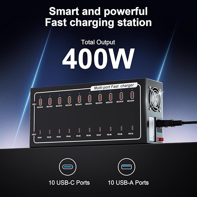 20 Port Fast Charging Station, (10USB C+10USB A) 400W USB Charging Station, simultaneously Charges Mobile Phones, Tablets, Game Consoles and Headphones and Other Devices at high Speed