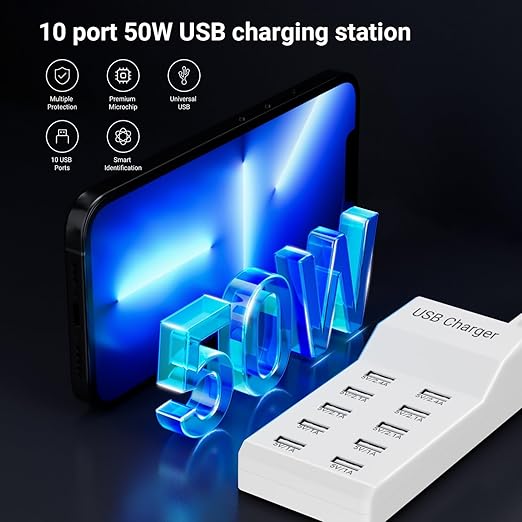 10-Port USB Charger Block - 50W10A Multi USB Charging Station for iPhone/iPad/Samsung Galaxy Note Tablet Android Smartphone(White)