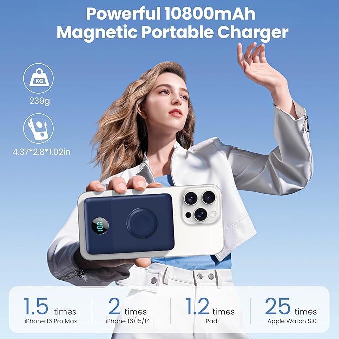 Magnetic Portable Charger 10800mAh for iPhone with Built-in Cables, 6-in-1 Wireless Power Bank with iWatch Charger, 25W PD Fast Charging USB C Battery Pack for iPhone 16/15/14/13/12, Apple Watch(Blue)