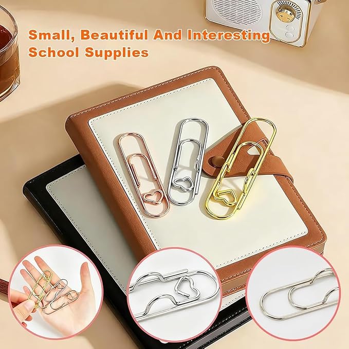 6Pcs 3 Colors Heart Pen Clip Metal Pencil Clips Multifunctional Rose Gold Silver Carbon Steel Paperclip, Paper Clips Pen Holder for Notebook Book Journal Office School Accessories (12Pcs)