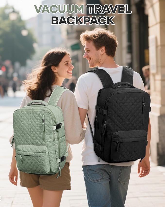 Vacuum Travel Backpack with Pump for Women,Personal Item Carry on Backpacks Flight Approved 18x14x8 inches for Men,Laptop Waterproof Work Compression bags Casual Daypack Green.