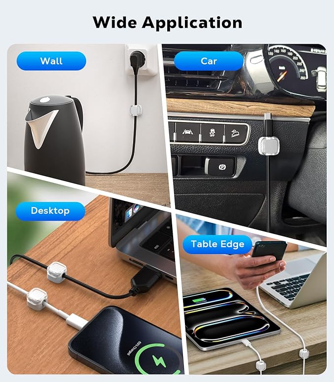 MoKo 6 Pack Magnetic Cable Clips, Under Desk Cable Management, Adhesive Magnetic Cord Holder, Magnetic Cord Organizer Wire Holder Keeper Organizer for Nightstand Desk Office Car Wall Glass, White