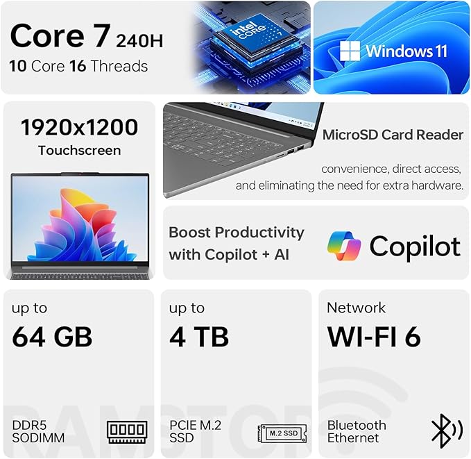 Lenovo 2025 IdeaPad Slim Business AI-Powered Laptop, 16" WUXGA Touchscreen, Intel Core 7 240H, 16GB DDR5 RAM, 1TB SSD, Copilot, Webcam, Backlit, Wi-Fi 6, W11P, Bundle with ADATA 512GB External SSD