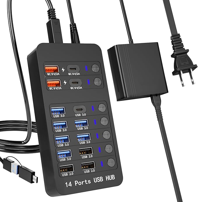 Powered USB Hub, 14 Ports USB Splitter with Individual Power On/Off Switches, 60W Power Adapter for Mac, PC, and More