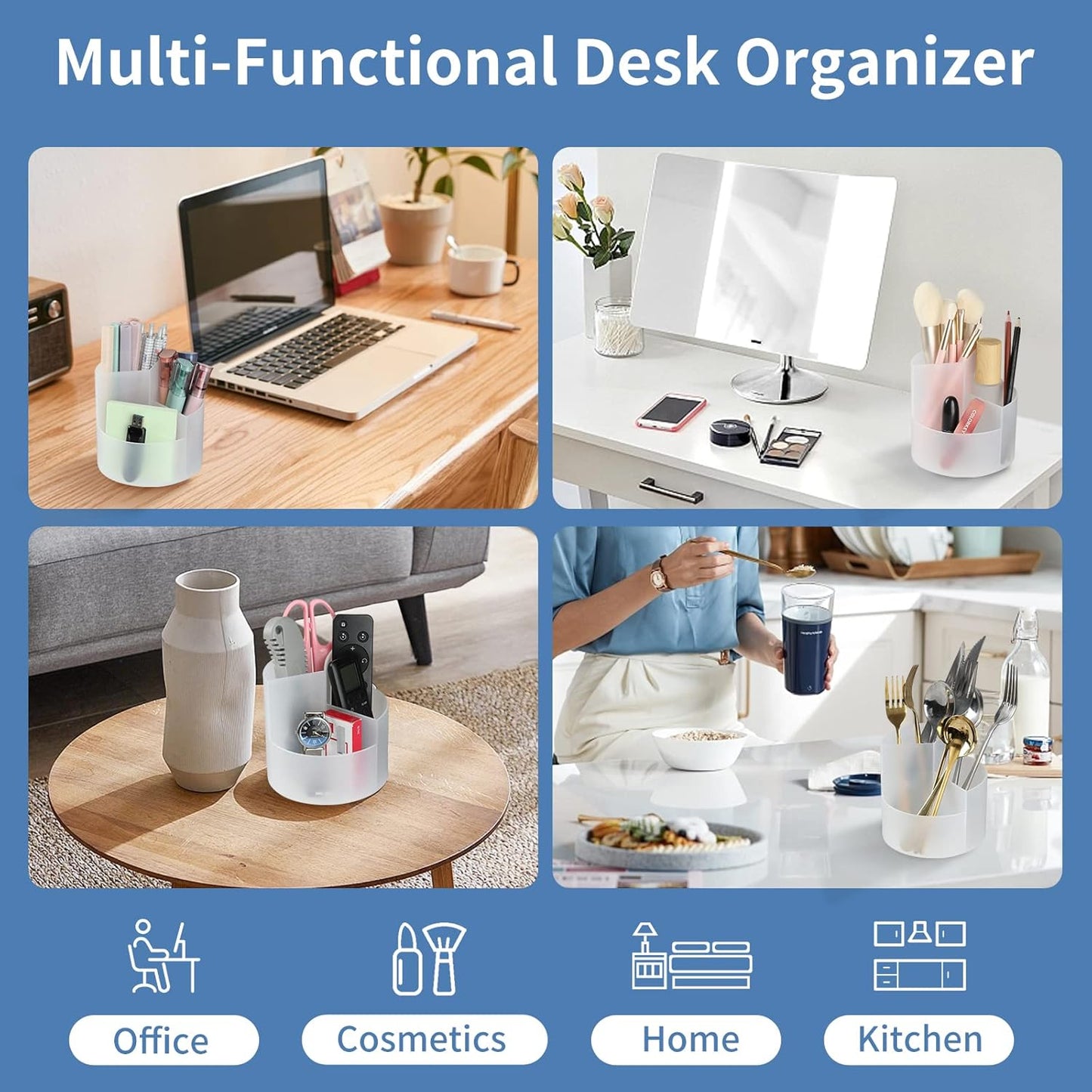 Desk Pencil Pen Holder, 3 Slots 360-Degree Spinning Organizers, Desktop Storage Stationery Supplies, Cute Cup Pot for Office, School, Art Supply, Kids - Clear