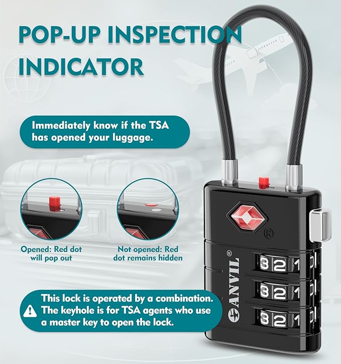 ANVIL TSA Approved Luggage Locks – High Security TSA008 Combination Travel Locks with Inspection Indicator for Suitcases and Backpacks. (8, Black)