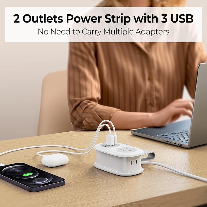 ORICO Travel Power Strip, 3.7FT Small Extension Cord, Portable Power Strip Flat Plug with 2 AC Outlets 3 USB Ports (1 USB C), Multi Plug Extension Cord for Travel, Cruise, Office, Hotels