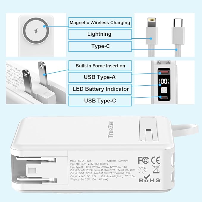 for Magsafe Battery Pack, 10000mAh Magnetic Portable Charger with USB C Cable, Travel Power Bank with Wall Plug Charger Block,Wireless Power Bank for iPhone 16/15/14/13/12/11 Series,Google,Galaxy