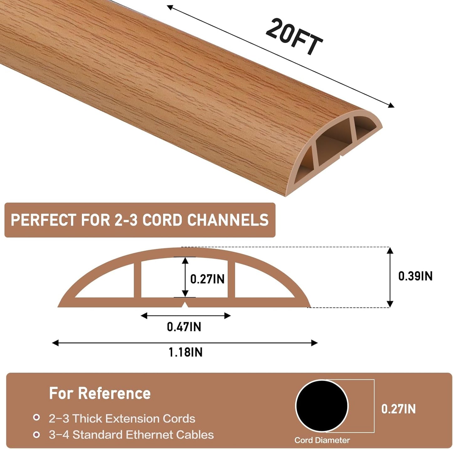Floor Cord Cover Self Adhesive Cord Hider Floor Extension Cord Covers for Floor Power Cord Protector Cable Management Prevent Cable Trips Cable Cavity 0.47" W x 0.27" H (Light Brown Wood, 20Ft)