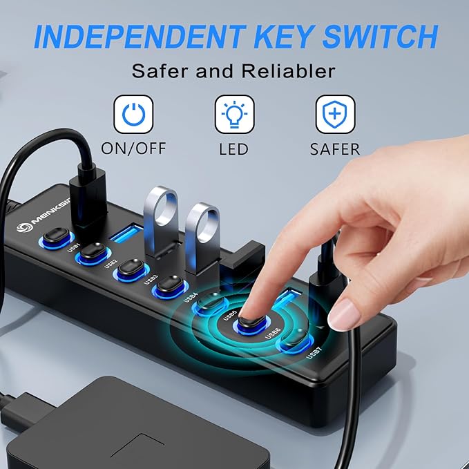 7-Port USB 3.0 Hub, Data USB Hub Splitter with Individual On/Off Switches and Lights, Compatible with Laptop, PC, MacBook, Mac Pro, Mac mini, iMac, Surface Pro and More