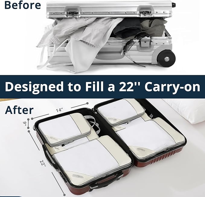 Compression Packing Cubes 6 Set, Compressible Space-Saving Packing Cubes for Travel - Compression Bags, Luggage Organizer, Travel Essentials for Women, Beige