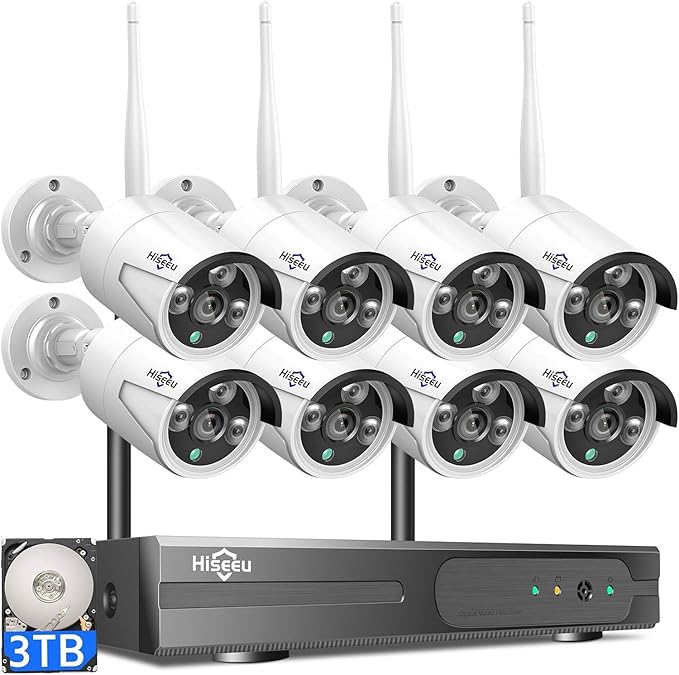 Hiseeu 100ft WiFi Pro Security Camera System, 16CH 4K NVR Kit, Wired Plug-in Powered 8Pcs 5MP CCTV Home Security Camera System for Indoor/Outdoor Use, Night Vision, IP66, Motion Detection, 3TB HDD