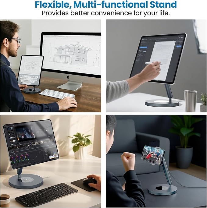 Nillkin Magnetic iPad Stand for Desk, MagSafe Wireless iPhone Charger Stand, 360° Rotating Base, Adjustable Aluminum Tablet Holder for Work, Office, Home, Kitchen Use