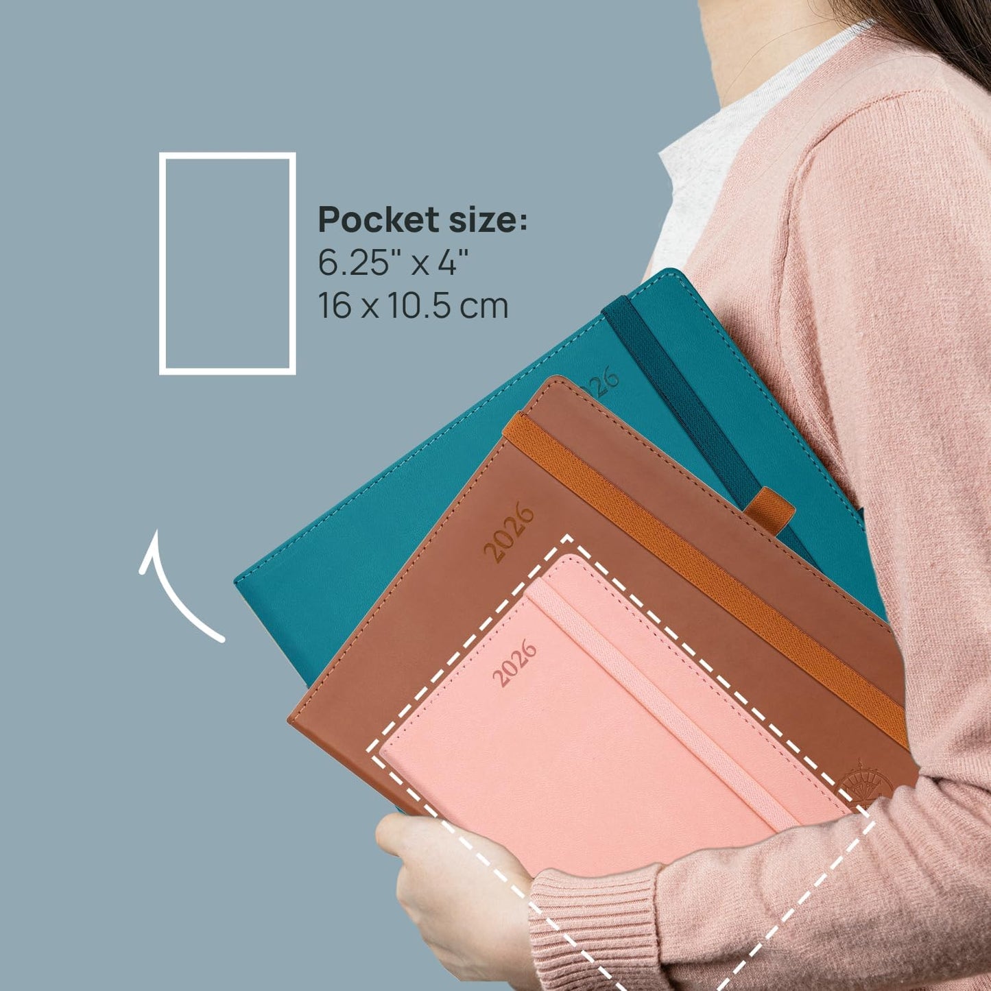 POPRUN Pocket Calendar 2026 (Small Size- 4'' x 6.25") Weekly and Monthly for Purse - Planner 2026 (Jan. 2026 - Dec. 2026) with Vegan Leather Soft Cover, Plastic Ruler, Pen Holder and More - Grey