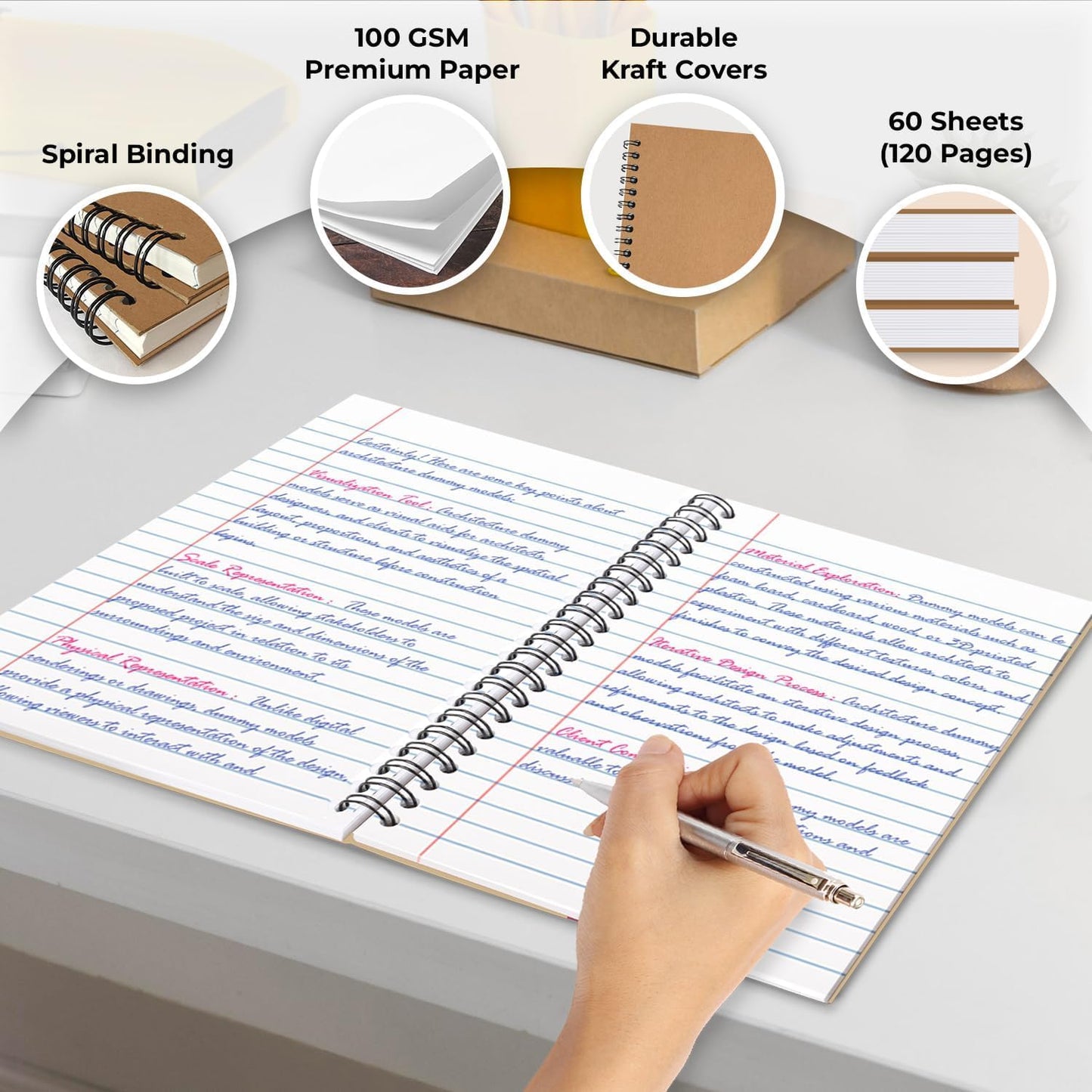 48 Pack Kraft Spiral Notebook, A5 College Ruled, 5.8 x 8.3, 120 Pages (60 Sheets), 100 GSM Thick Paper, Hardcover Planner Notebooks, Travel Writing Journals, Bulk Home Office School Supplies