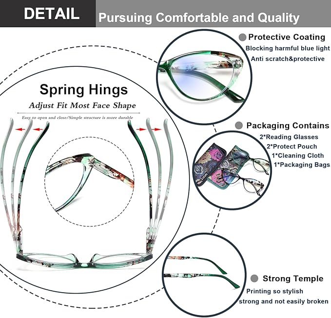 EYEURL Cat Eye Reading Glasses for Women, 2 Pack Blue Light Blocking Readers for Ladies Spring Hinge Fashion Pattern +1.25 Magnification Anti Eyestrain UV Protection