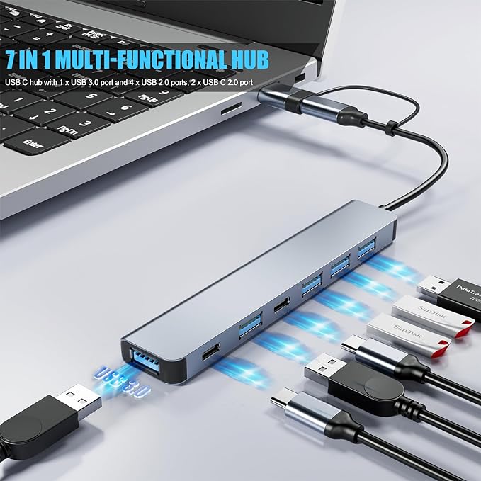 Aluminum 7 in 1 USB C/USB Hub, 2* USB C and 5* USB, USB 3.0 and USB 2.0 Ports, Ultra Slim Portable USB Splitter Adapter for Laptop, PS4, Flash Drive, HDD, Xbox, Printer, Mouse, Keyboard