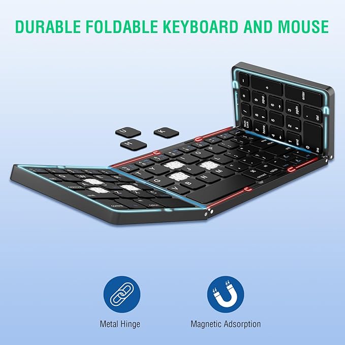 Foldable Keyboard and Mouse, EDJO Folding Wireless Keyboard Mouse Combo with Portable Case, Rechargeable 2.4G+Bluetooth Multi-Device Combo for Windows, iOS, Android, MacOS PC/Laptop/Tablet