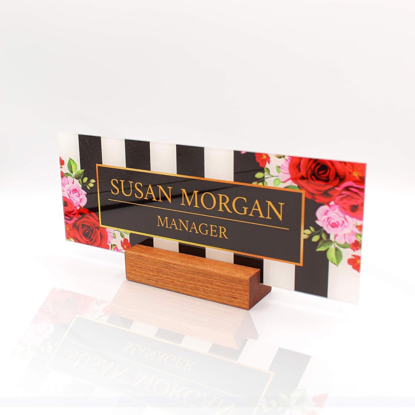 Office Desk Name Plate Personalized | Custom Name Plates for Desks | Flowers Design On Clear Acrylic Glass | Office Desk Décor | Flower Floral
