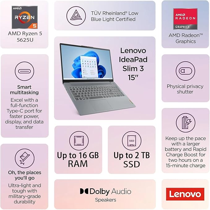 Lenovo New Ideapad Laptop with Microsoft Office 365, AMD Ryzen 5 5625U (Outperforms i7-1260U), 15.6" FHD TN Anti-glare Display, 16GB RAM, 256GB SSD, WiFi 6, Backlit Keyboard, Windows 11 Pro, WOWPC USB