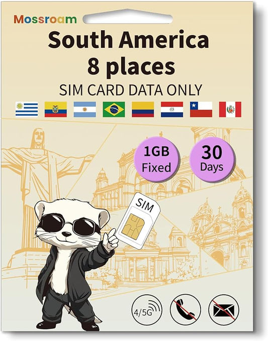 SIM Card for 8 Countries in South America– Prepaid Data Plans | 1GB Daily Data,30 Days | High-Speed Internet | Ideal for Travelers