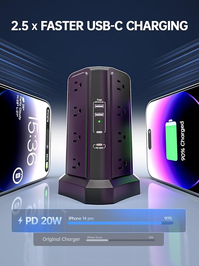 Surge Protector Power Strip with 5 USB Ports,16 AC Outlets 13A 10FT Extension Cord with Multiple Outlets, Fararaka Power Strip Tower with Surge Protection for Office Dorm Room (10FT+16AC2A2C)