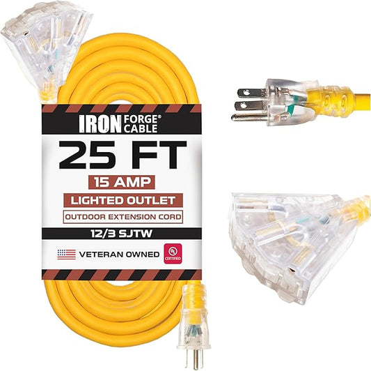 IRON FORGE CABLE 25 Foot Lighted Outdoor Extension Cord with 3 Electrical Power Outlets - 12/3 SJTW Heavy Duty Yellow Extension Cable with 3 Prong Grounded Plug for Safety, 15 AMP