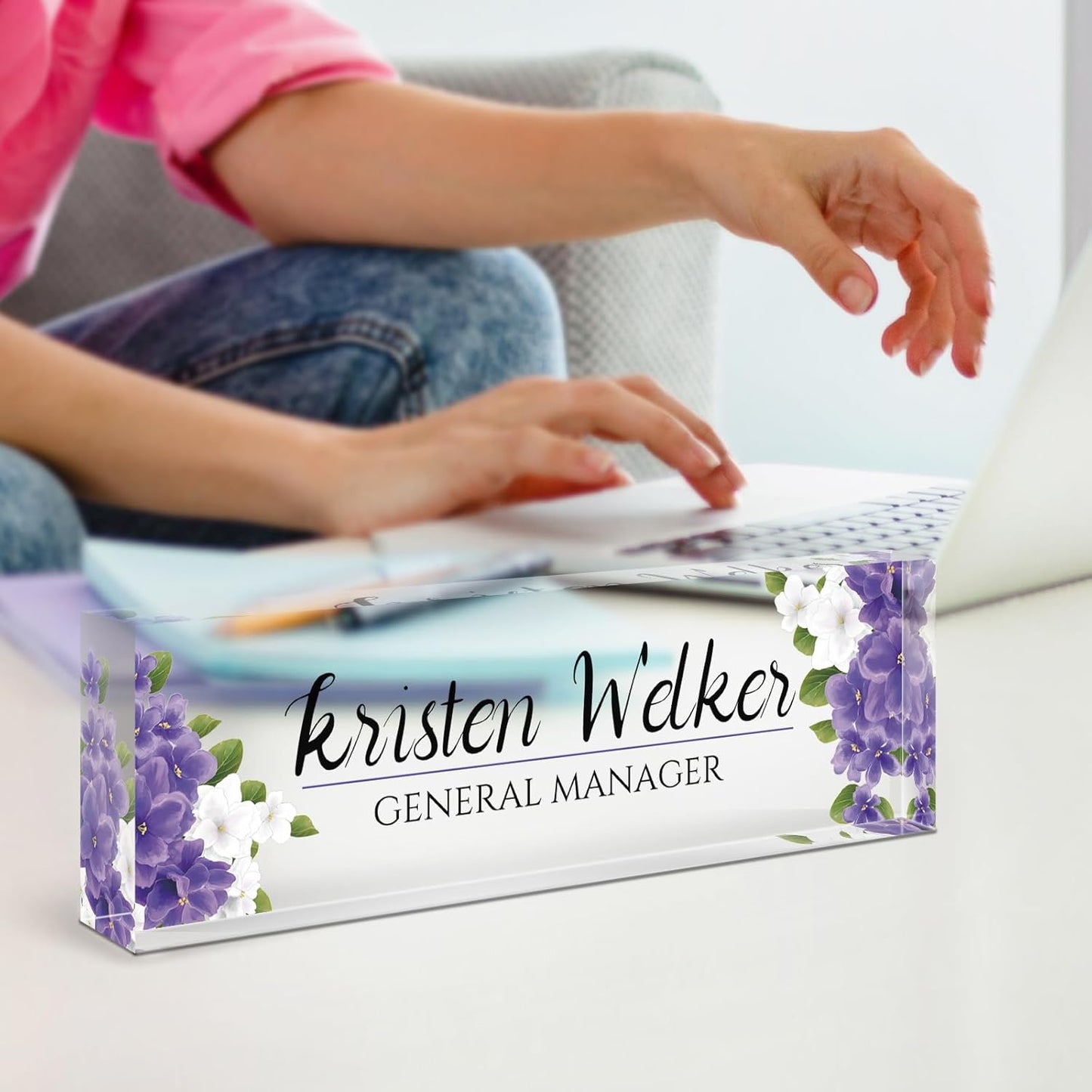 Custom Name Plate for Desk, Desk Name Plate Personalized, Office Decor for Women, Acrylic Desktop Accessories, Office Appreciation Gifts for Boss Social Workers Nurse Teacher Employee(Purple Flowers)
