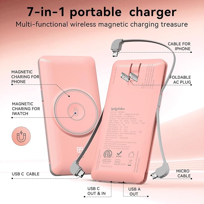Magnetic 10000mAh Portable Charger for iWatch & iPhone, 22.5W USB C Fast Charging Wireless Power Bank Built-in Cables and Wall Plug, External Travel Battery Pack Compatible with iOS Android Devices