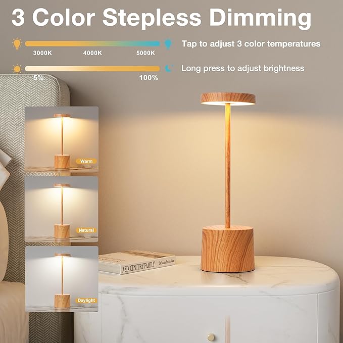 Kakanuo Wooden Rechargeable Cordless Lamp - Touch Control, 3 Color Temperature, LED Outdoor Wireless Lamp, Battery Operated Lamps, Stepless Dimmable, Set of 2