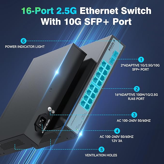 16 Port 2.5Gb Switch Umanaged,16X 2.5GBASE-T Ports,2X 10G SFP, 120Gbps Switching Capacity,Port Isolation,/1U Rack-Mount/Fanless/Plug & Play Multi-Gig Unmanaged Network Switch