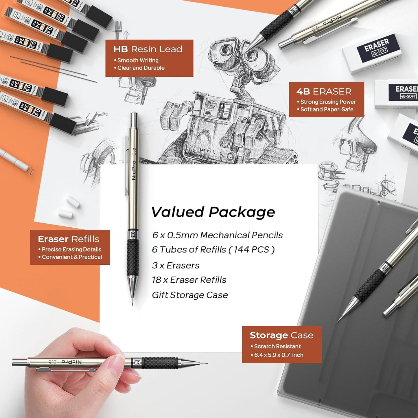 Nicpro 0.5 mm Art Mechanical Pencils Set in Gift Case, 6 PCS Metal Drafting Pencil 0.5mm with 6 Tube HB Lead Refills & 18 PCS Eraser Refills for Adults, Children, Artist Writing, Drawing, Sketching