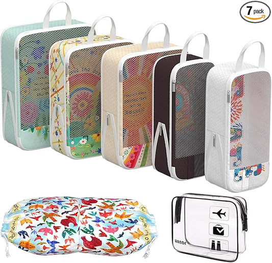 Compression Packing Cubes for Travel, 7 Set Natural Life Expandable Mesh Luggage Organizers, Waterproof Expandable/Compression Bags Bohemia Travel Packing Cubes with Clear Toiletry Bag