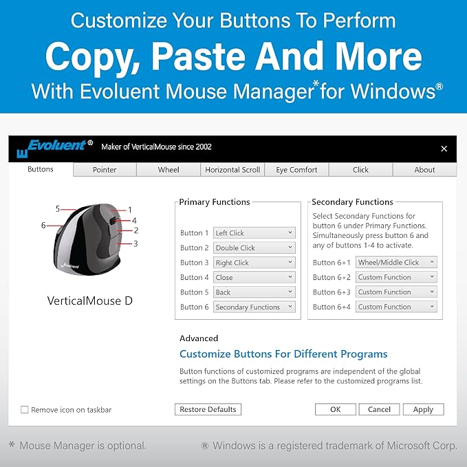 Evoluent – Inventor of The Vertical Mouse – VM4SW Ergonomic Vertical Mouse Right Hand Small Wireless USB, Sculpted for Comfort, Reduces Wrist Strain, 4 Speeds, 6 Customizable Buttons in Windows