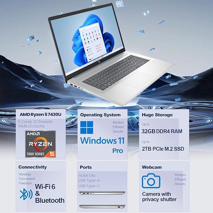 HP 17.3" Business Laptop, 17.3" HD+ Touchscreen, AMD Ryzen 5 7430U, 16GB RAM, 1TB PCIe SSD, Backlit Keyboard, Fingerprint Reader, Webcam, HDMI, Wi-Fi 6, Windows 11 Pro, Blue