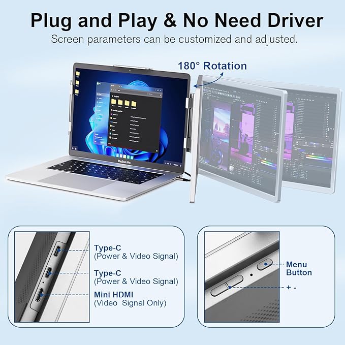 FHH Laptop Screen Extender, 14" FHD 1200P Dual Portable Monitor for Laptop- Travel Laptop Monitor Extender for 13-16.5" Type-C/HDMI/USB-A Plug & Play for Wins/Mac/Android/PS5