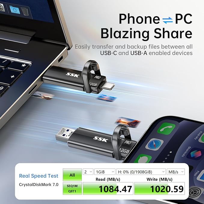 SSK 512GB USB Solid State Flash Drive, External SSD Up to 1000MB/s, Dual Port USB 3.2 Type-C/A, Portable SSD in Zinc Alloy Thumb Drive Stick for iPhone 15/16 Pro, Mac, PC, Android OTG Storage