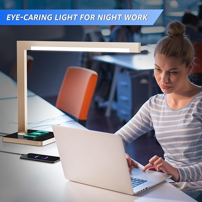 Aluminum LED Desk Lamp with Charging Station, Large 15W Table Lamp with Type-C Ports & 4 Color Temperature Modes(3000K-6000K), Dimmable Desk Light for Home Office,Bedroom (Includes Adapter)