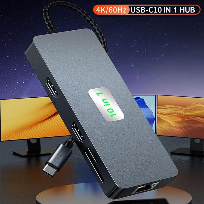 USB C to Dual Monitor DockingStation, USB C to Dual HDMI(4K@60Hz) Multiport Adapter, Thunderbolt 3 Hub (10 in 1 2HDMI 4K60Hz+ RJ45)