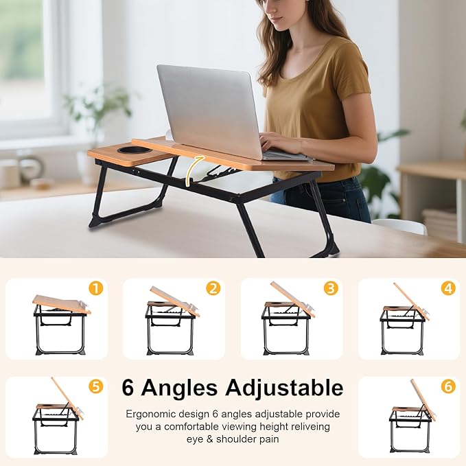 Adjustable Laptop Bed Table with Book Stand, Portable Reading Desk with Side Panel, Wood Grain