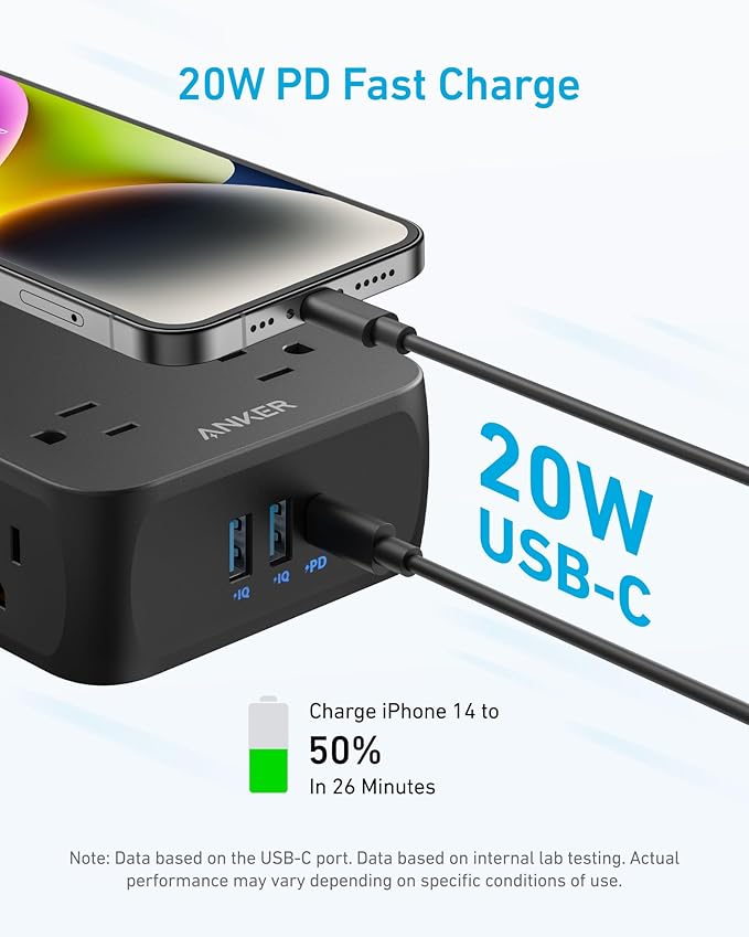 Anker Surge Protector Flat Plug Power Strip 2000J, 10ft Thin Extension Cord, 8 Outlets,2 USB A and 1 USB C Port,20W for iPhone15,Wall Mount,Compact for Home,Office,Room,TUV Listed