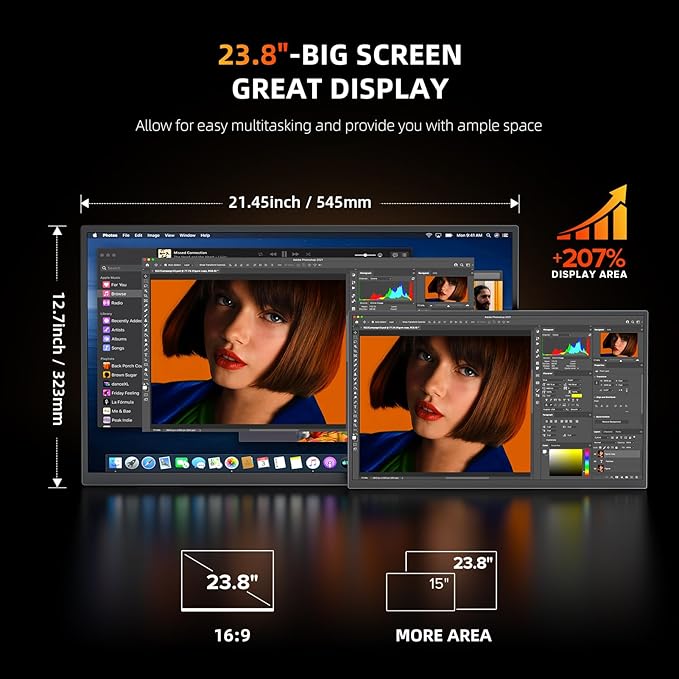 UPERFECT Portable Monitor 4K 23.8" QLED| 400 Nits 24" Large Monitor | 3840 * 2160 UHD 100% DCI-P3 | 1MS FreeSync | USB-C & HDMI | VESA & Kickstand | Second Screen for Computer, Mini PC, Game Consoles