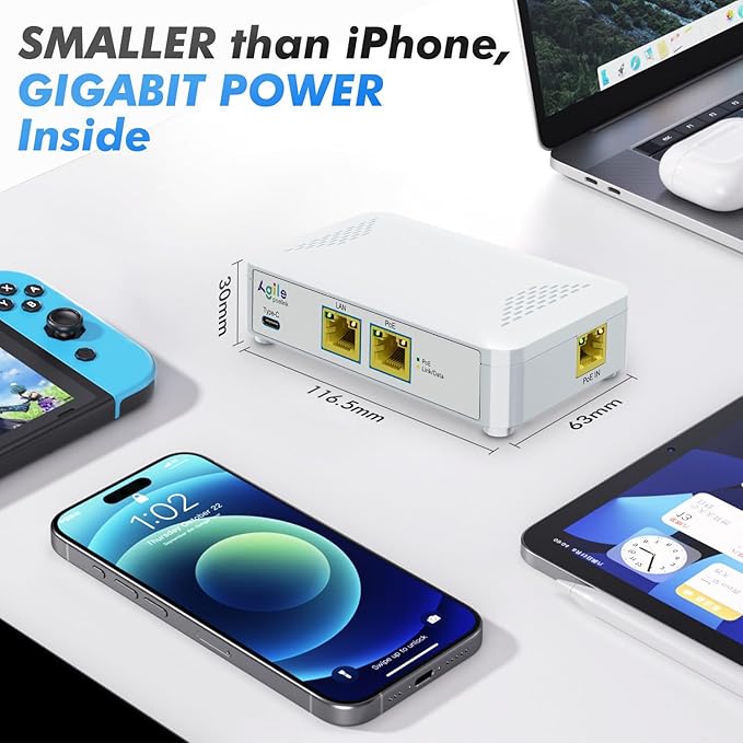 PoE to USB C Switch 60W 802.3af/at Compliant, 1 USB-C Port ( 30W PD Charging & Gigabit Ethernet) & 1 PoE+ Port & 1 Ethernet Port, for Smartphones/Sablets/Laptops/Camera/Access Point, PoE Powered