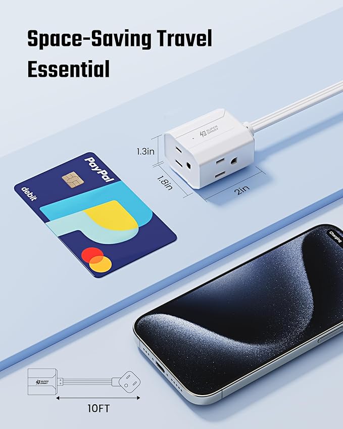 Extension Cord 10ft SUPERDANNY Mini Power Strip Ultra Right Angled Flat Plug for Tight Spaces,Indoor Extension with 3 Outlets,for Office Home Appliances,Non Surge Protector for Travel Cruise,White