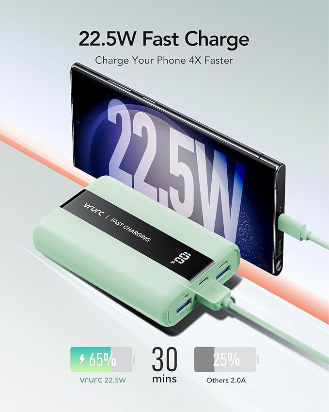 VRURC Power Bank,20000mAh Portable Charger Fast Charging,Compact Travel Essentail,4 Outputs 3 Inputs Battery Pack USB C for iPhone Series,Samsung,Android-Green